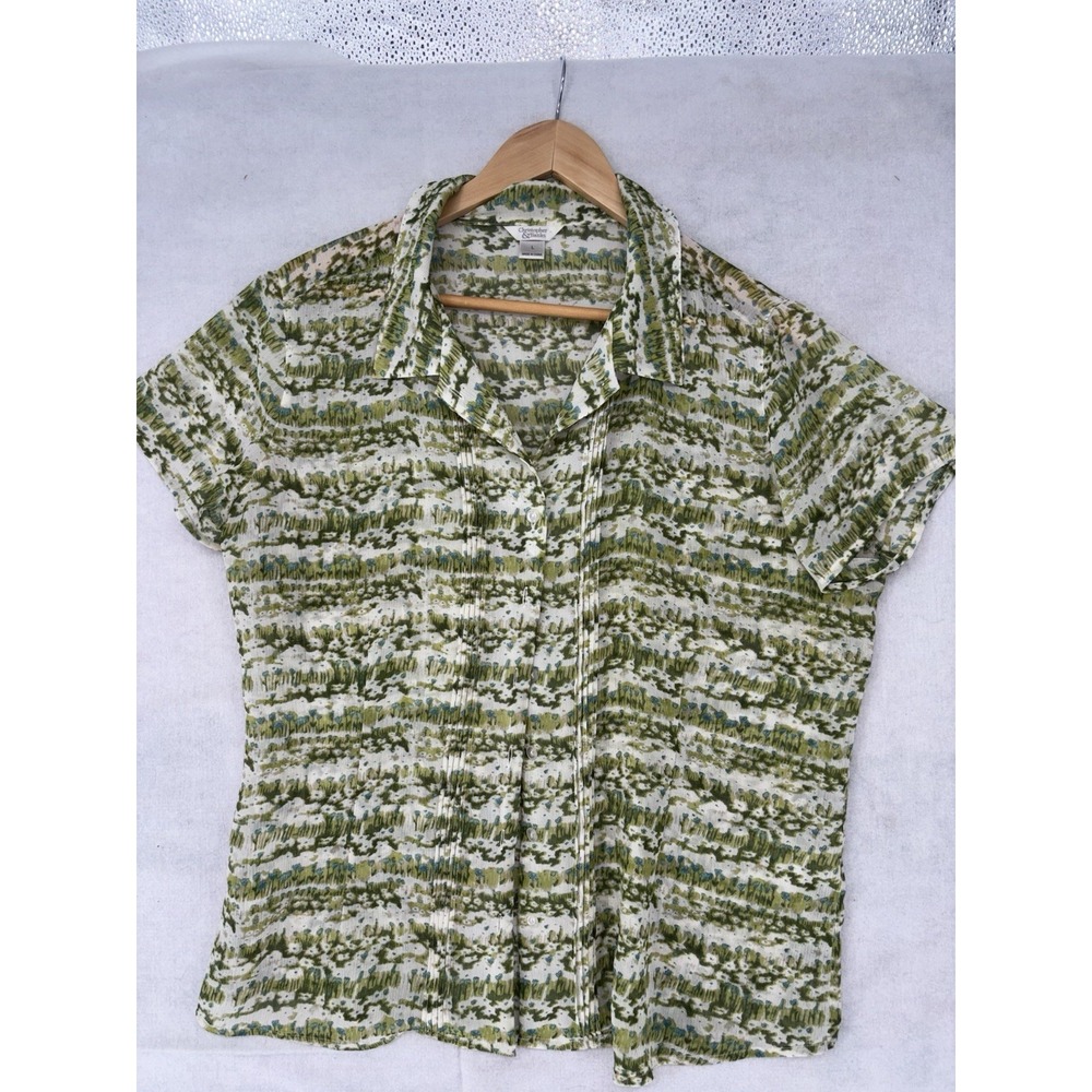 Christopher & Banks Women's L  Semi-Sheer Stripe Sh/SL  Button-Up Blouse Green